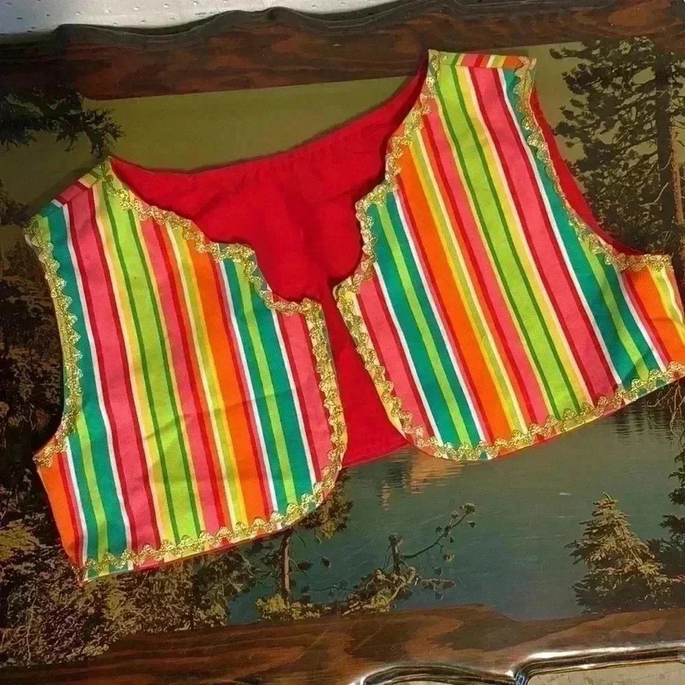Vintage Genie Costume Vest Colorful Stripes Gold Rick Rack Halloween Cropped 60s